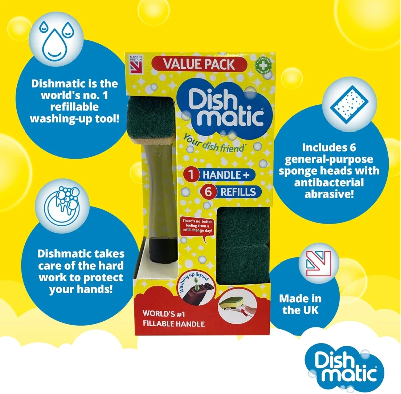 Set Dishmatic value pack - 1 x mâner dozator lichid de spălat vase reîncărcabil cu 6 capete interschimbabile de burete multifuncțional - mâner de chiuvetă de bucătărie antibacterian cu mâner ușor de prins