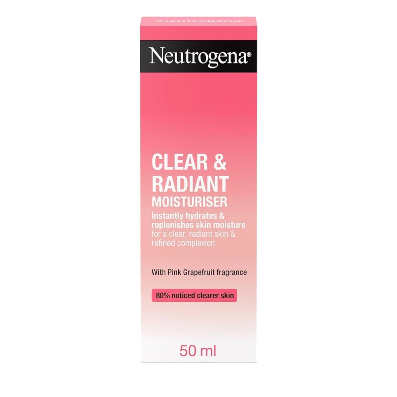 Neutrogena Clear & Radiant Moisturiser (1 x 50ml) Daily Face Cream for Dry Blemish-Prone Skin, Uplifting Oil-Free Moisturiser with Pink Grapefruit Scent for a