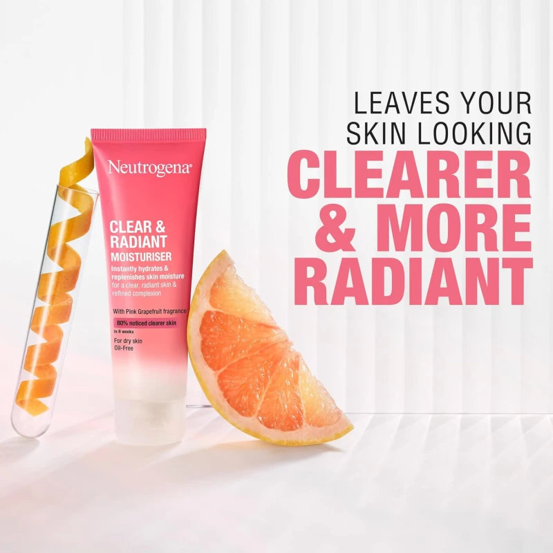 Neutrogena Clear & Radiant Moisturiser (1 x 50ml) Daily Face Cream for Dry Blemish-Prone Skin, Uplifting Oil-Free Moisturiser with Pink Grapefruit Scent for a