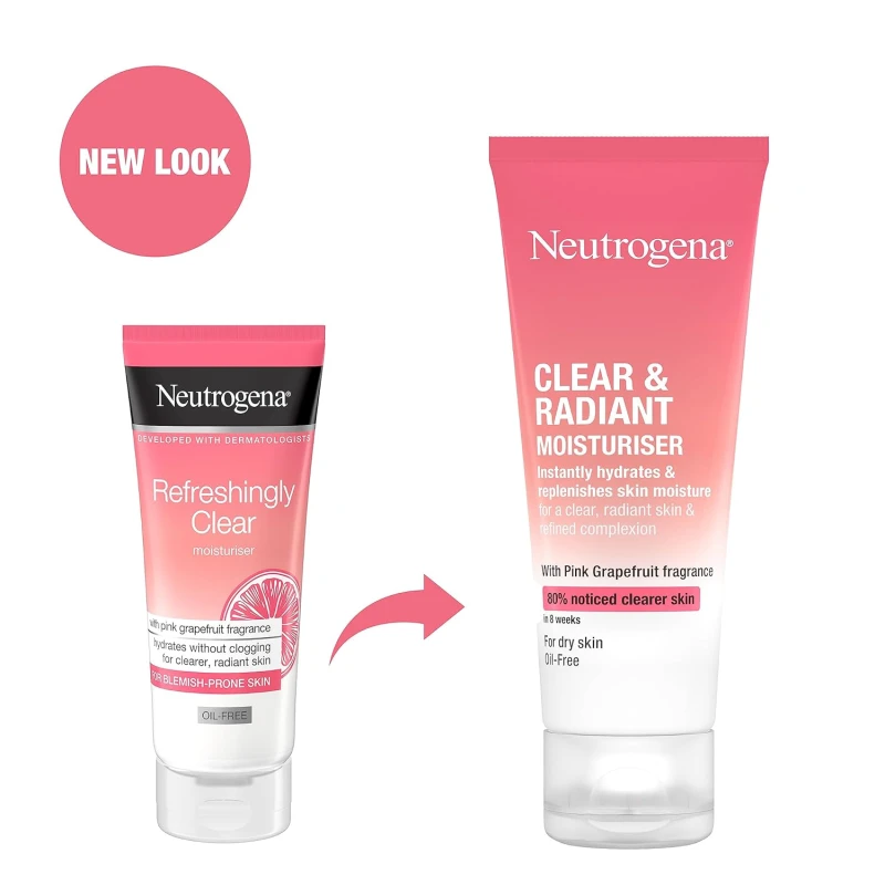 Neutrogena Clear & Radiant Moisturiser (1 x 50ml) Daily Face Cream for Dry Blemish-Prone Skin, Uplifting Oil-Free Moisturiser with Pink Grapefruit Scent for a