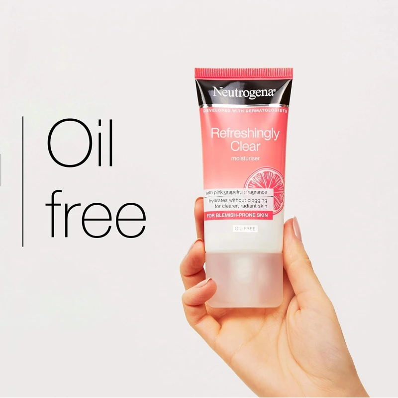 Neutrogena Clear & Radiant Moisturiser (1 x 50ml) Daily Face Cream for Dry Blemish-Prone Skin, Uplifting Oil-Free Moisturiser with Pink Grapefruit Scent for a